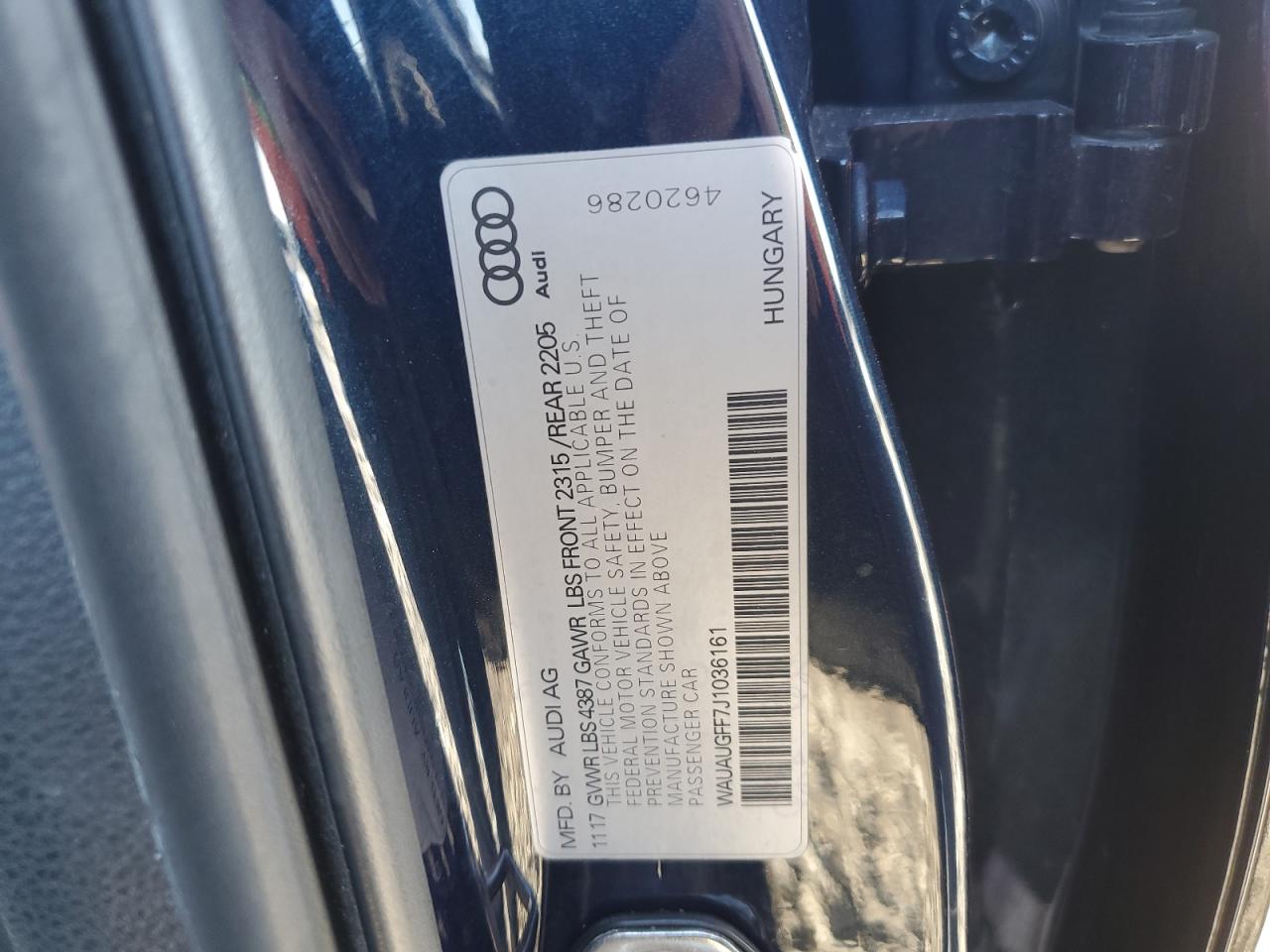 2018 Audi A3 Premium VIN: WAUAUGFF7J1036161 Lot: 90115255