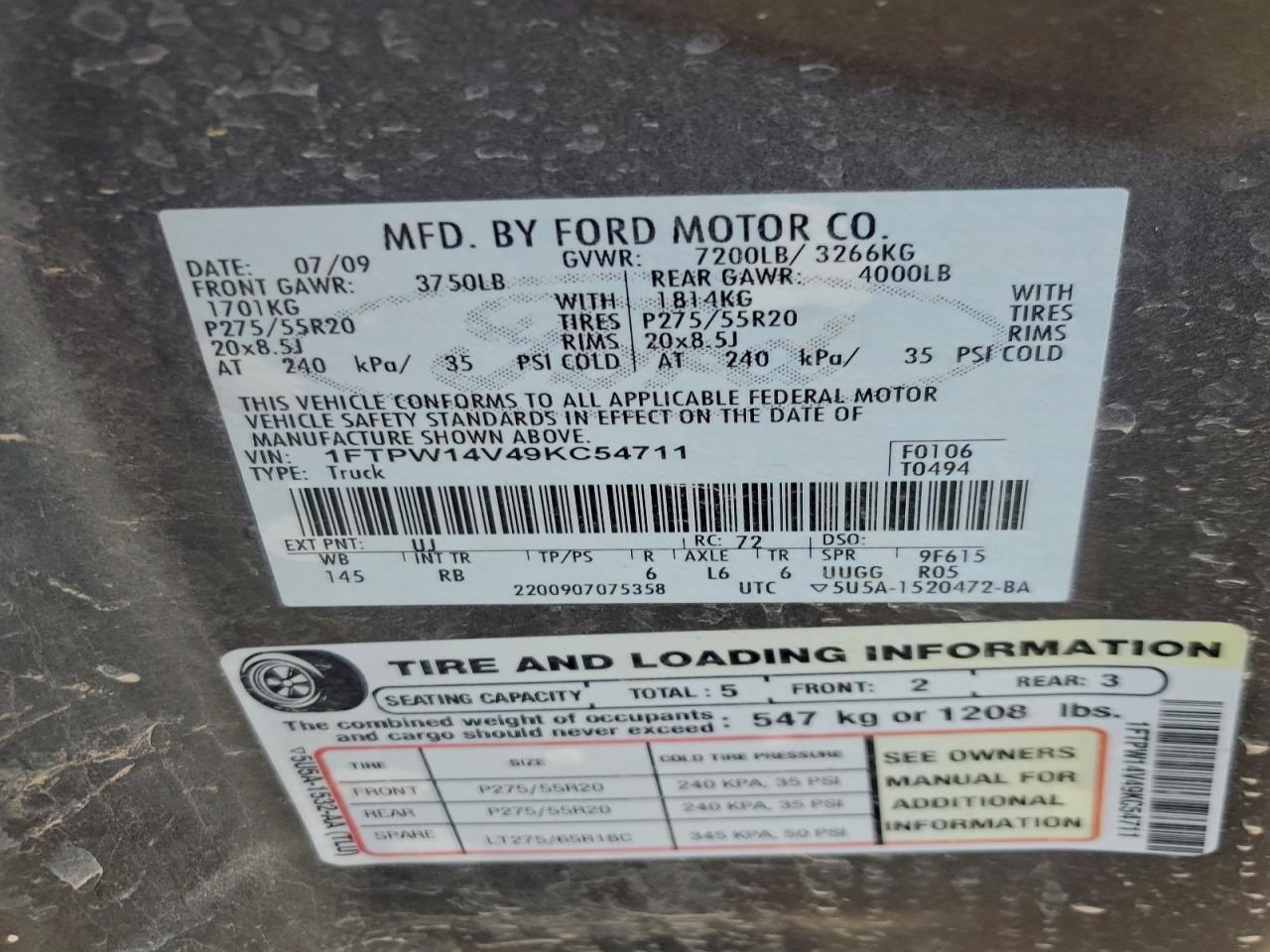 2009 Ford F150 Supercrew VIN: 1FTPW14V49KC54711 Lot: 94672015