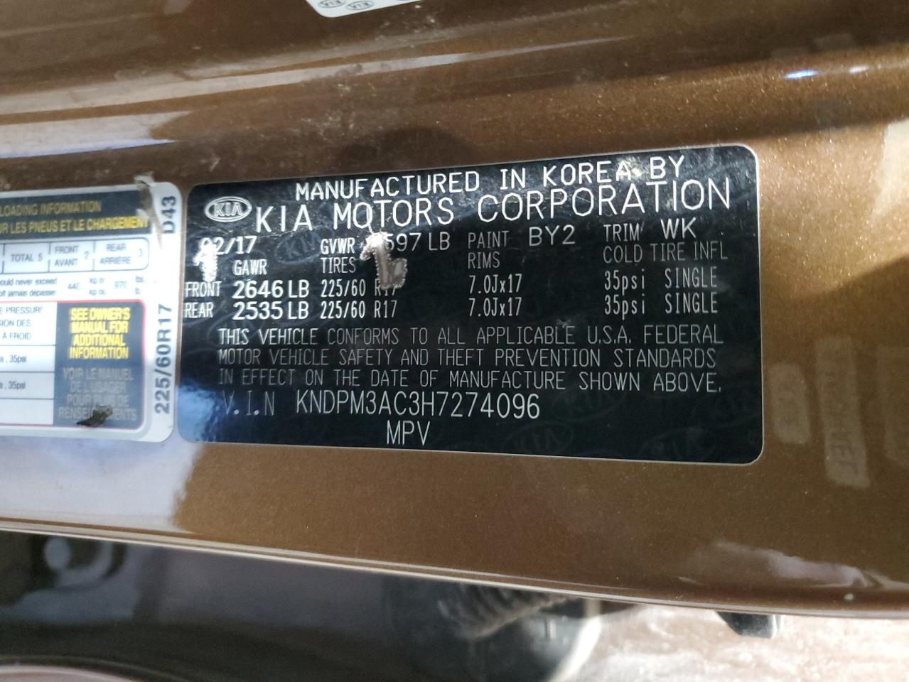 2017 Kia Sportage Lx VIN: KNDPM3AC3H7274096 Lot: 90647855