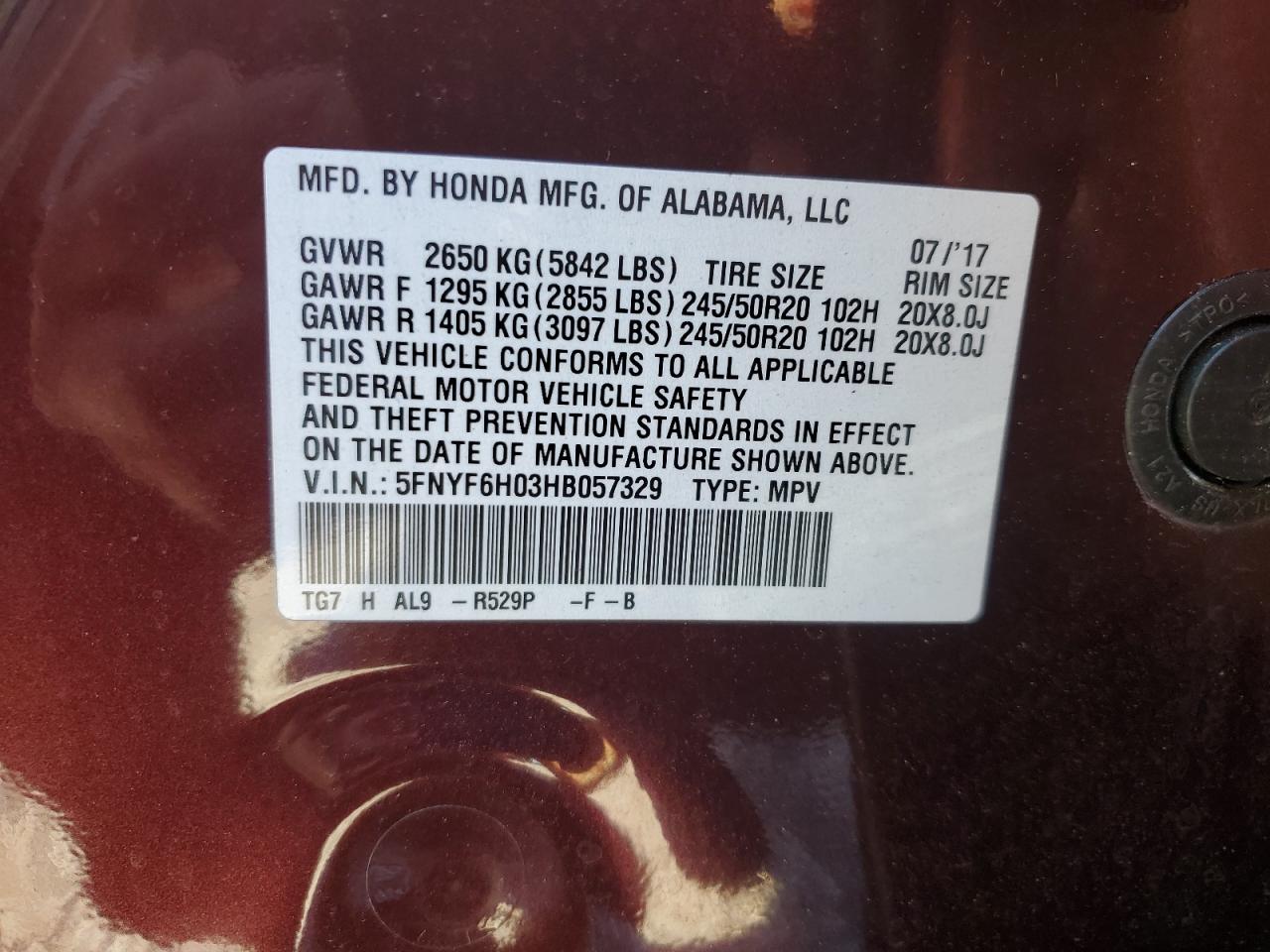 2017 Honda Pilot Elite VIN: 5FNYF6H03HB057329 Lot: 90925555