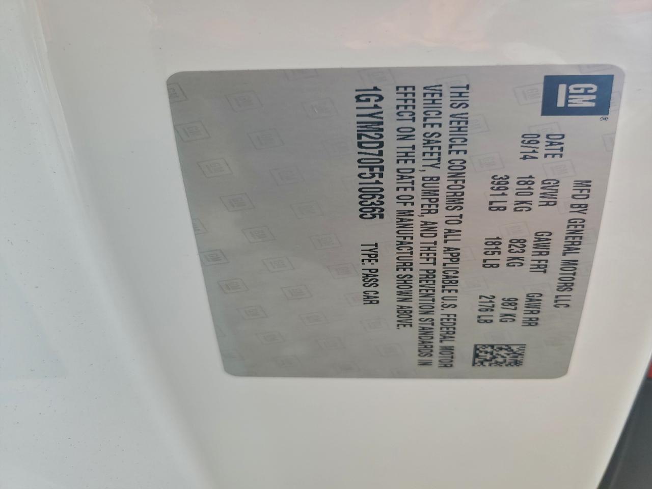 2015 Chevrolet Corvette Stingray Z51 3Lt VIN: 1G1YM2D70F5106365 Lot: 94028735