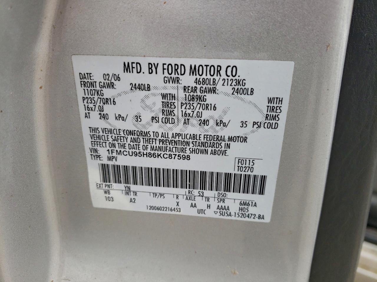 2006 Ford Escape VIN: 1FMCU95H86KC87598 Lot: 82299225