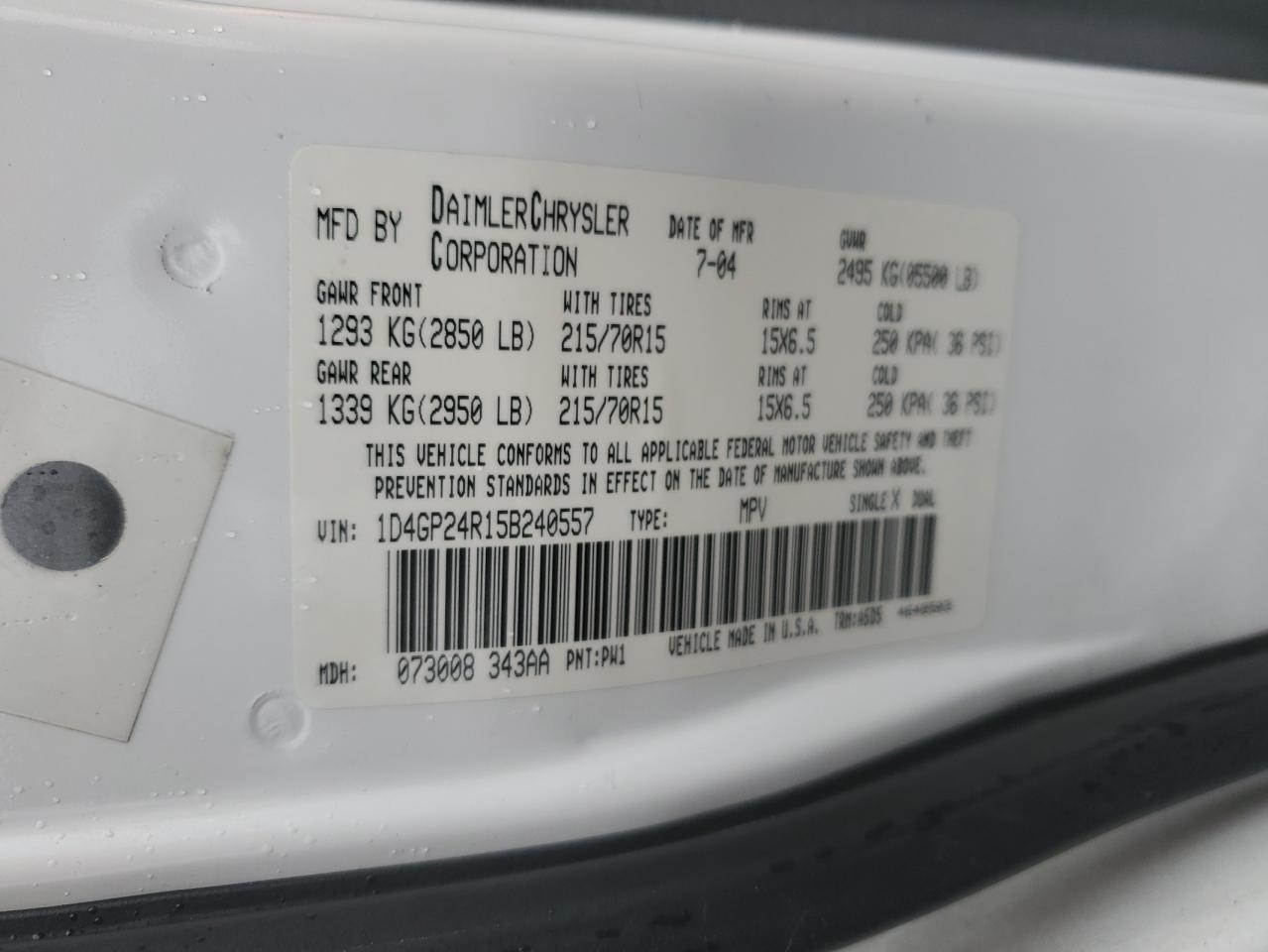 2005 Dodge Grand Caravan Se VIN: 1D4GP24R15B240557 Lot: 91977845