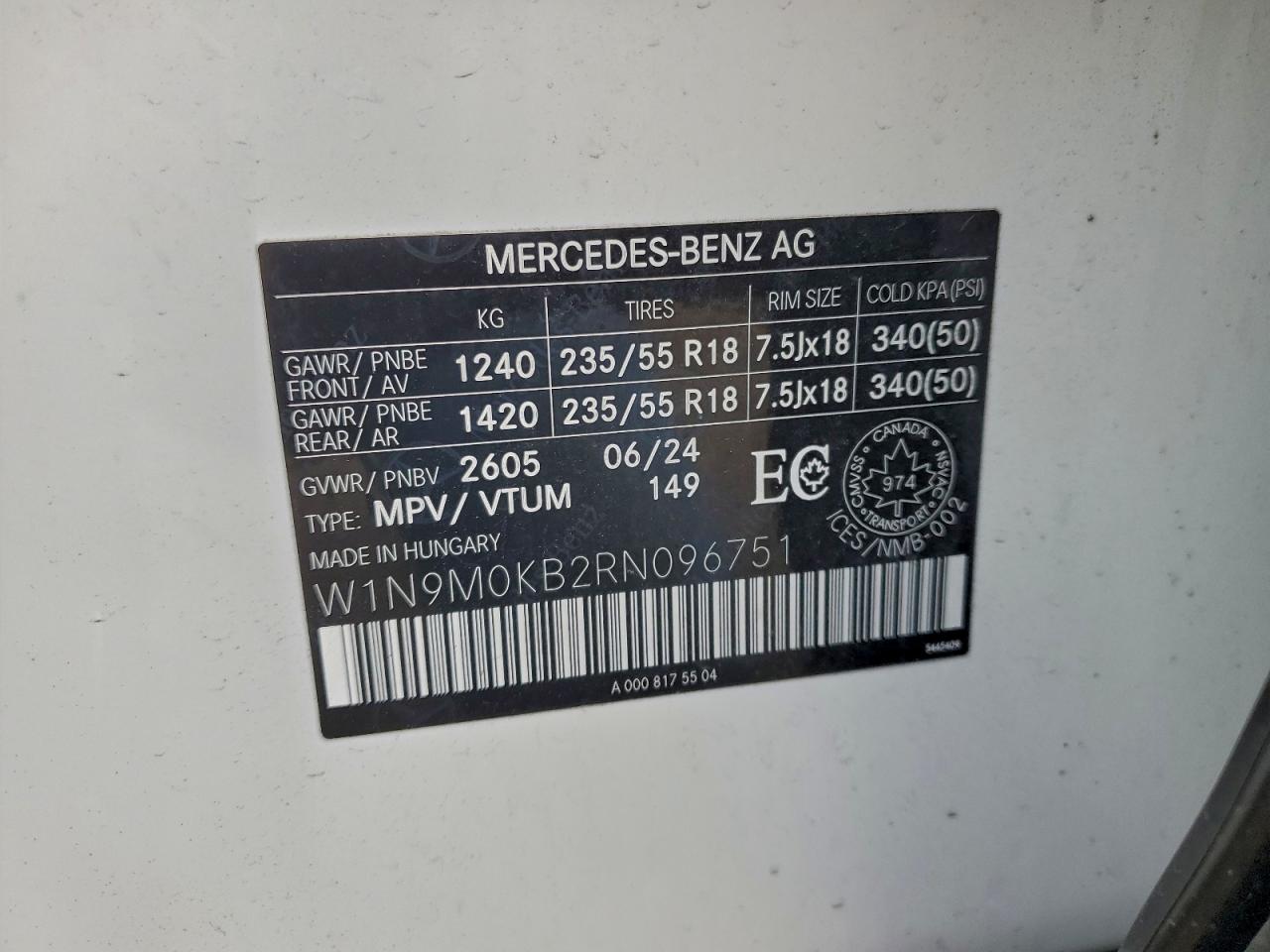 2024 Mercedes-Benz Eqb 300 4Matic VIN: W1N9M0KB2RN096751 Lot: 87244565