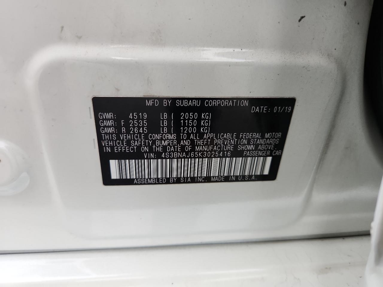 2019 Subaru Legacy 2.5I Limited VIN: 4S3BNAJ65K3025416 Lot: 92399385