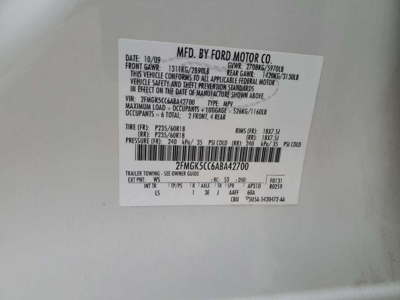 2010 Ford Flex Sel VIN: 2FMGK5CC6ABA42700 Lot: 92614395