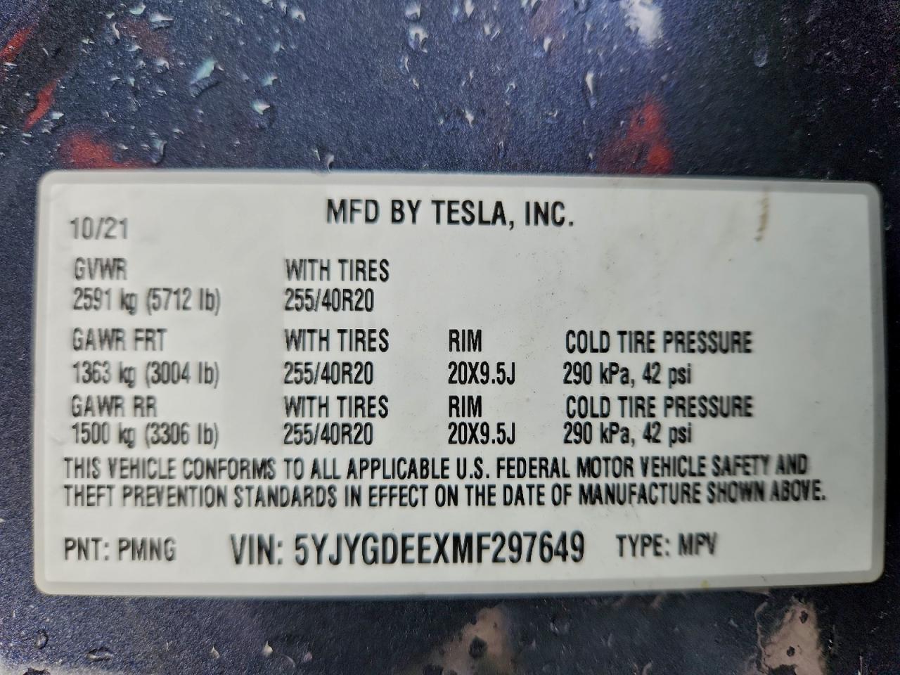 2021 Tesla Model Y VIN: 5YJYGDEEXMF297649 Lot: 94129155