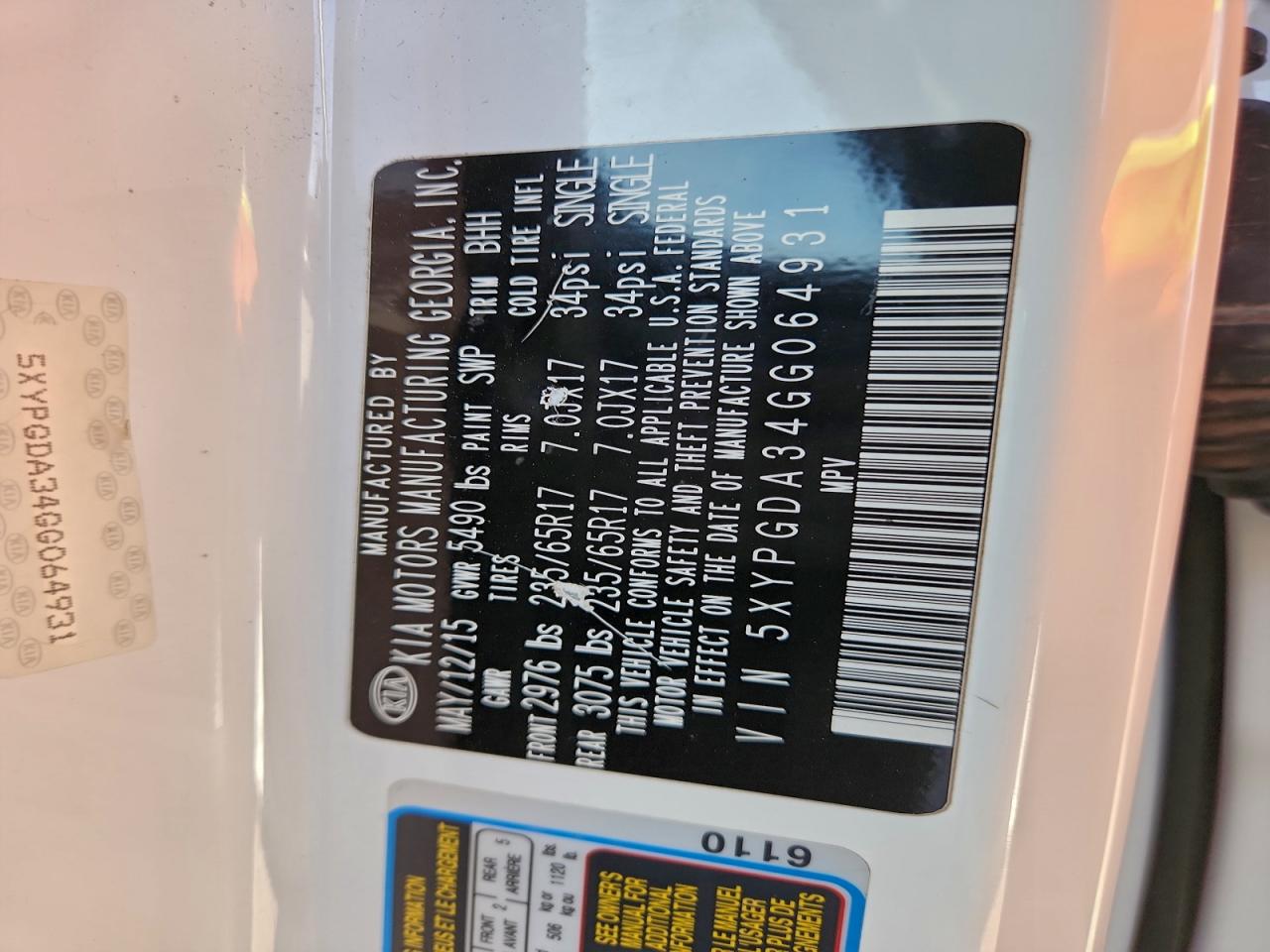 2016 Kia Sorento Lx VIN: 5XYPGDA34GG064931 Lot: 94314415