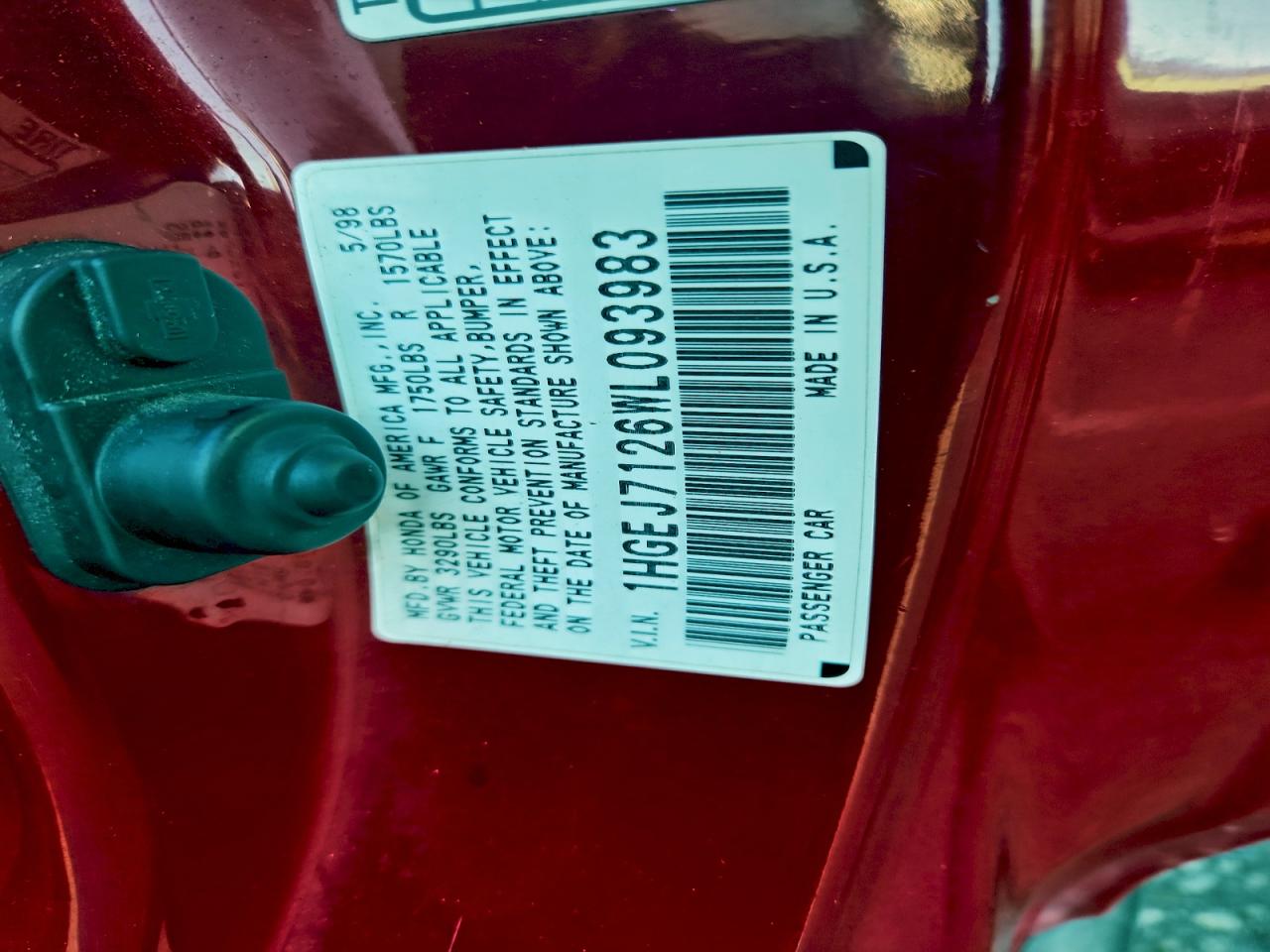 1998 Honda Civic Hx VIN: 1HGEJ7126WL093983 Lot: 93655005