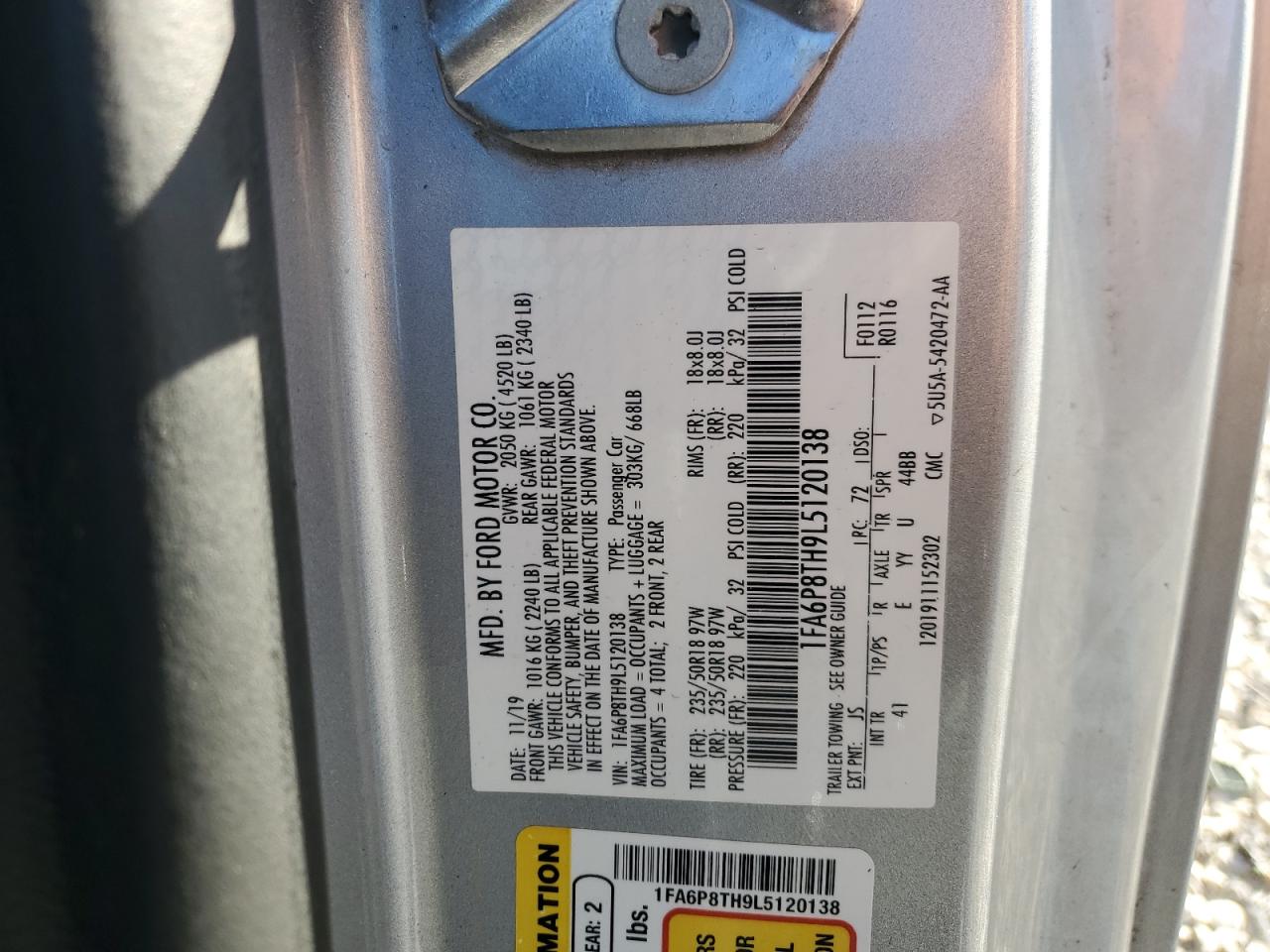 2020 Ford Mustang VIN: 1FA6P8TH9L5120138 Lot: 91266805