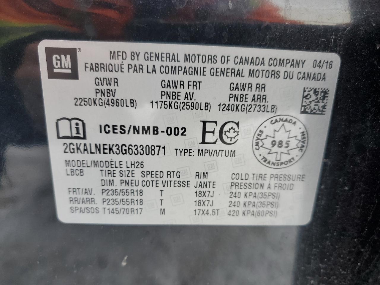 2016 GMC Terrain Sle VIN: 2GKALNEK3G6330871 Lot: 93133755