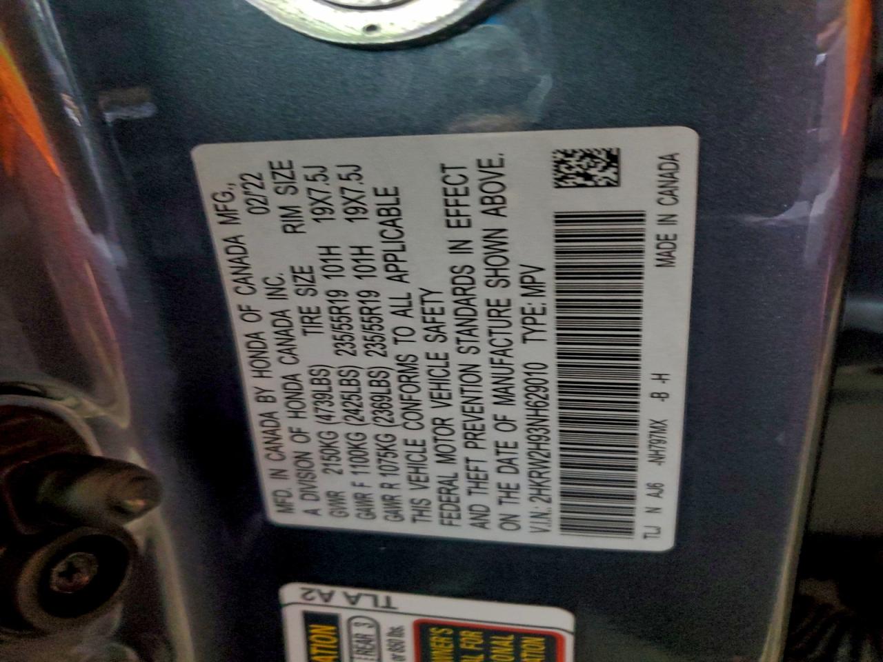 2022 Honda Cr-V Touring VIN: 2HKRW2H93NH629010 Lot: 94033275