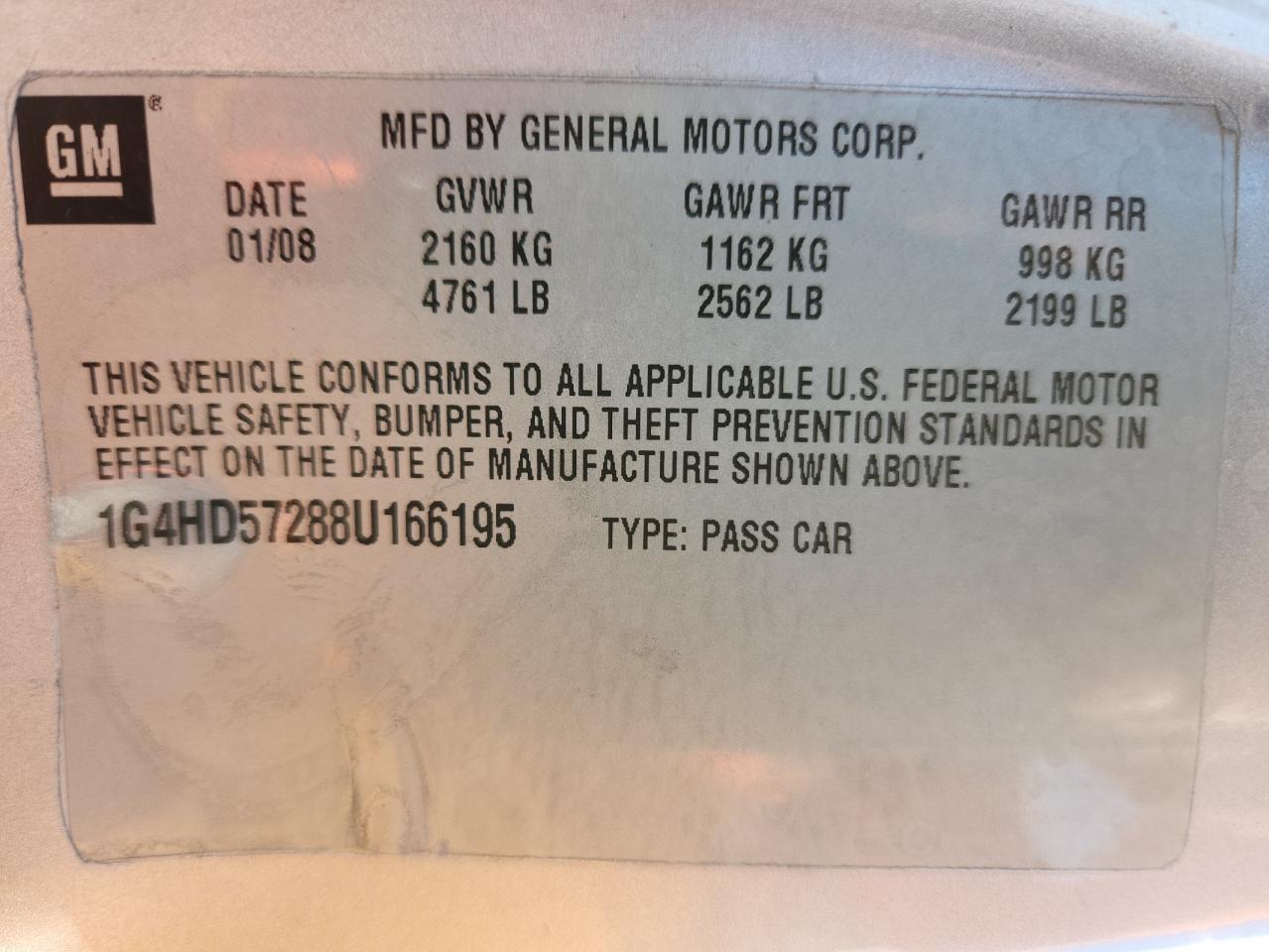 2008 Buick Lucerne Cxl VIN: 1G4HD57288U166195 Lot: 92492235