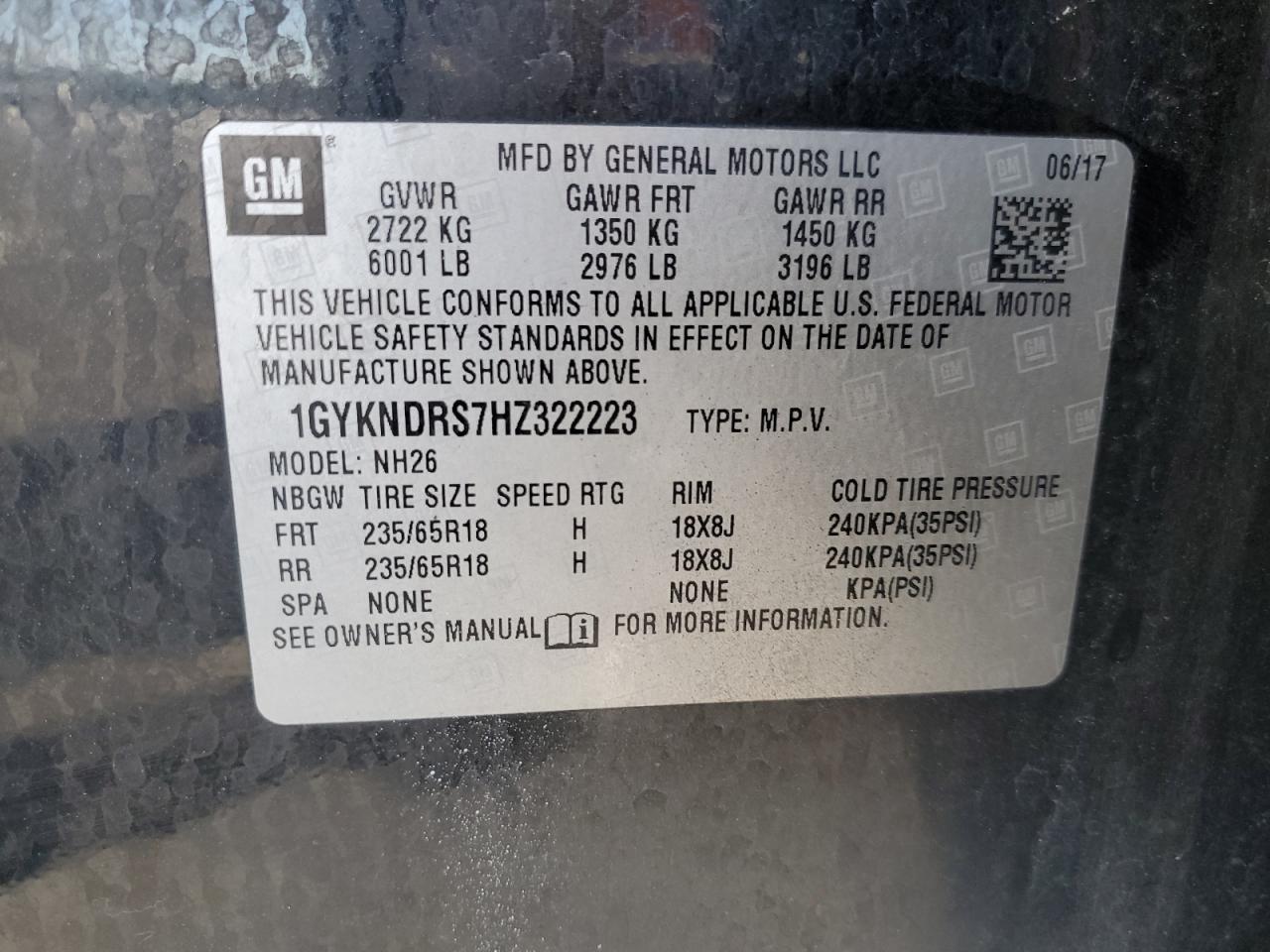 2017 Cadillac Xt5 Luxury VIN: 1GYKNDRS7HZ322223 Lot: 92377865