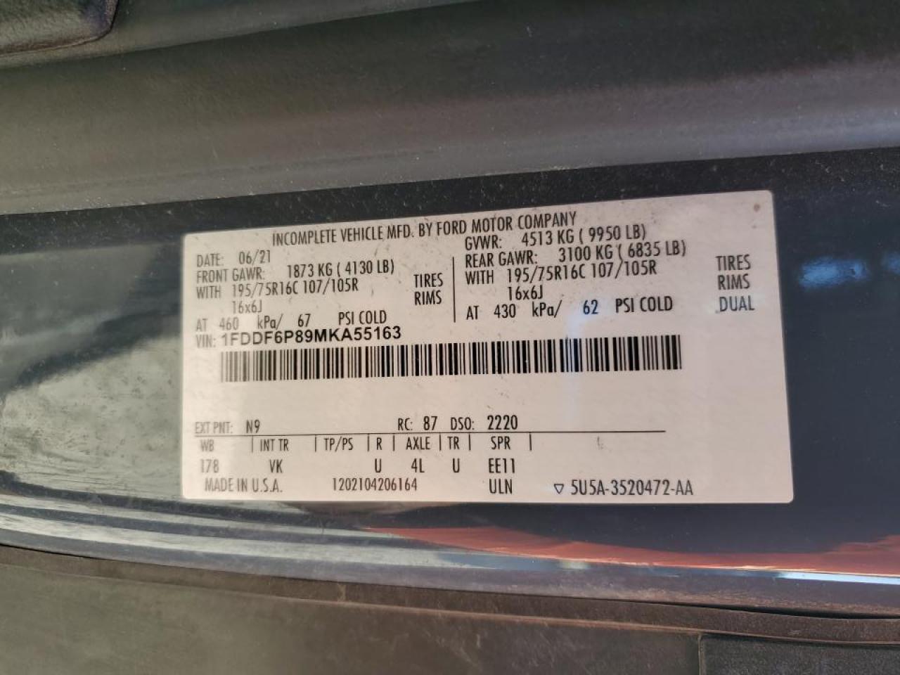 2021 Ford Transit Delivery Truck VIN: 1FDDF6P89MKA55163 Lot: 86989915