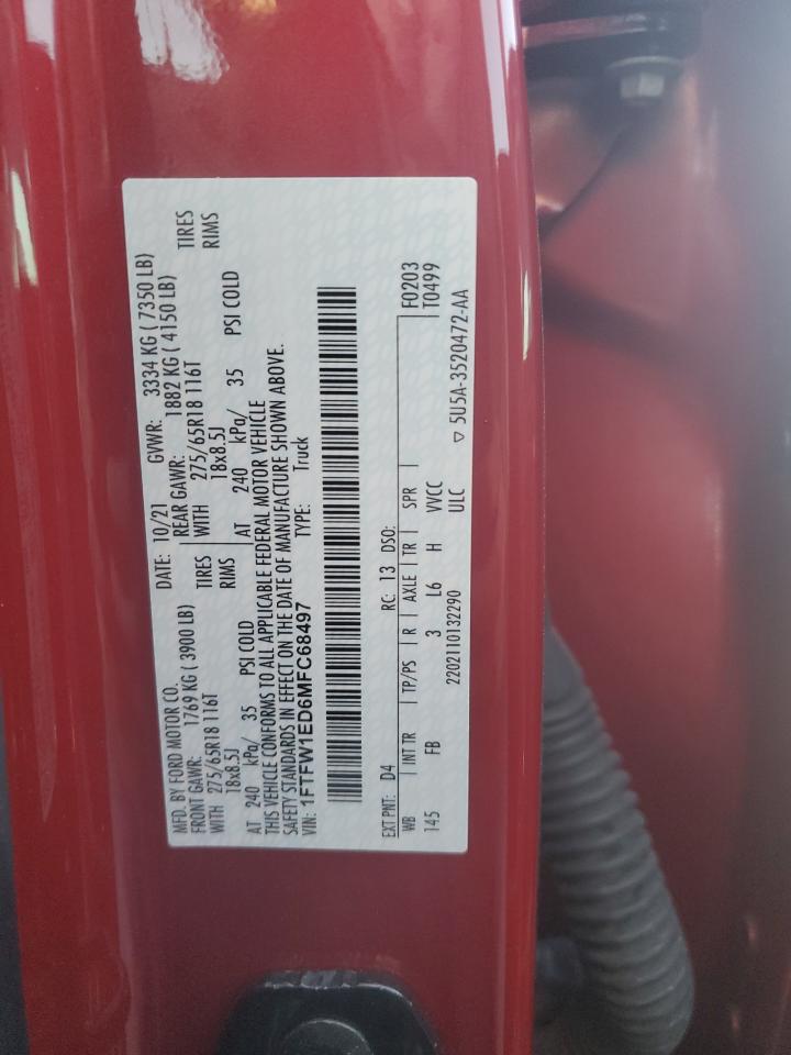 2021 Ford F150 Supercrew VIN: 1FTFW1ED6MFC68497 Lot: 90842715
