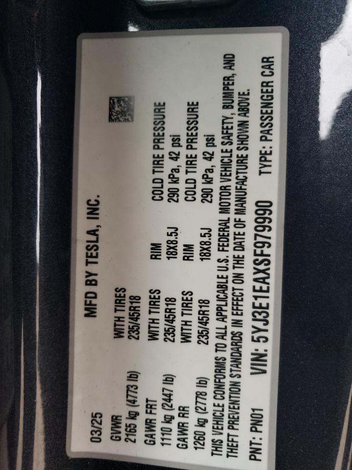 2025 Tesla Model 3 VIN: 5YJ3E1EAXSF979990 Lot: 93536855