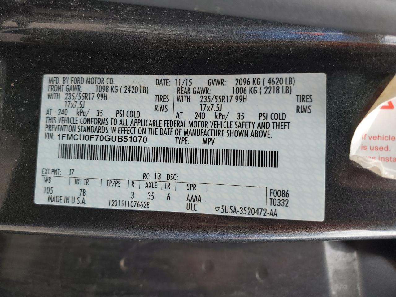 2016 Ford Escape S VIN: 1FMCU0F70GUB51070 Lot: 92471475