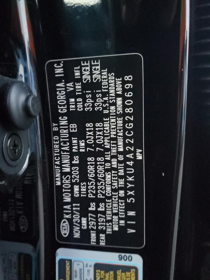 2012 Kia Sorento Ex VIN: 5XYKU4A22CG280698 Lot: 91452895