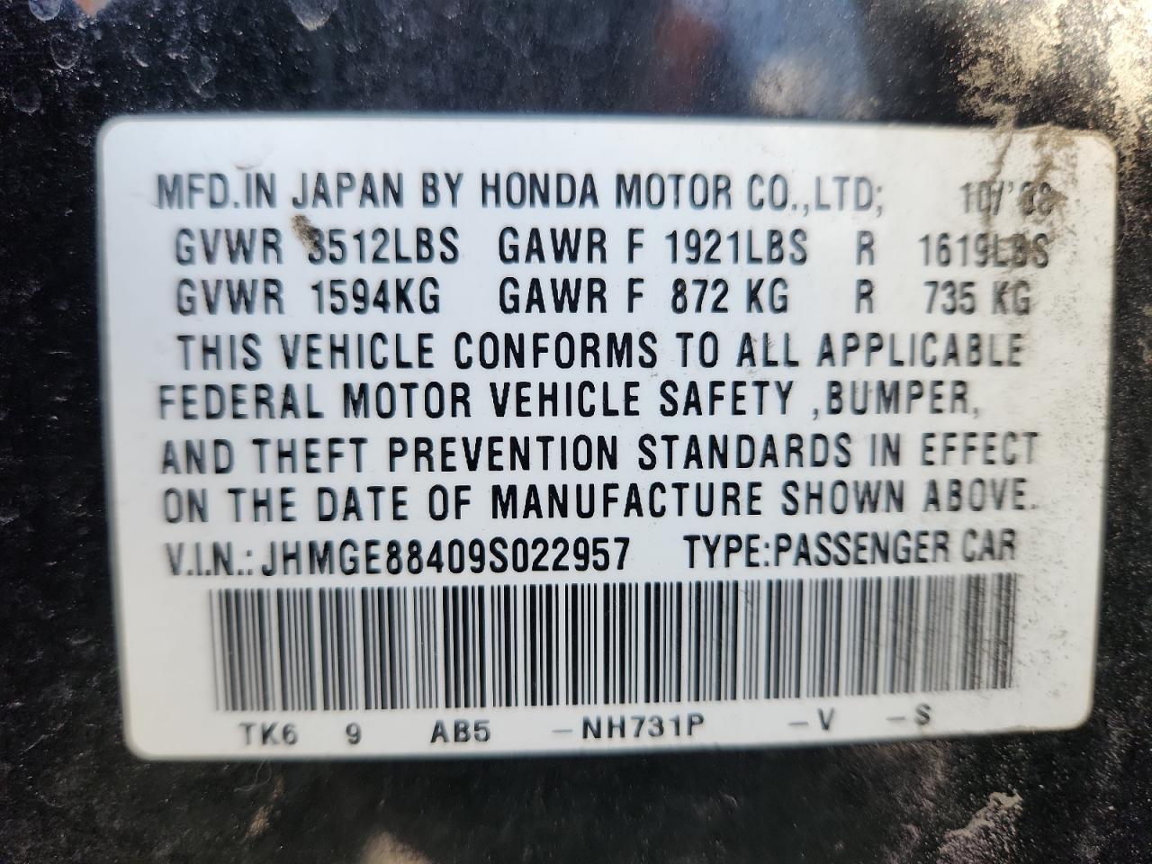 2009 Honda Fit Sport VIN: JHMGE88409S022957 Lot: 91921655