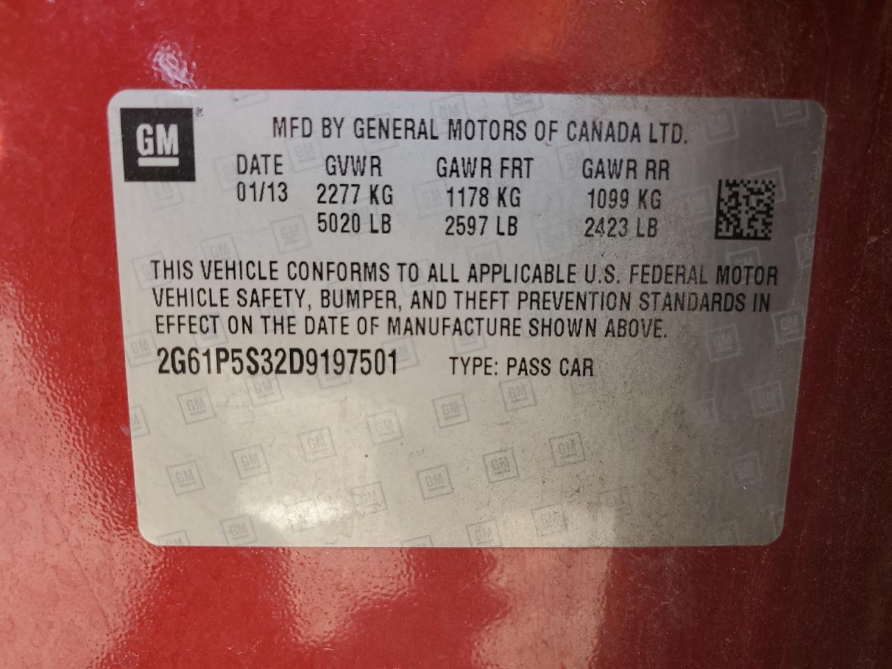 2013 Cadillac Xts Luxury Collection VIN: 2G61P5S32D9197501 Lot: 92402695