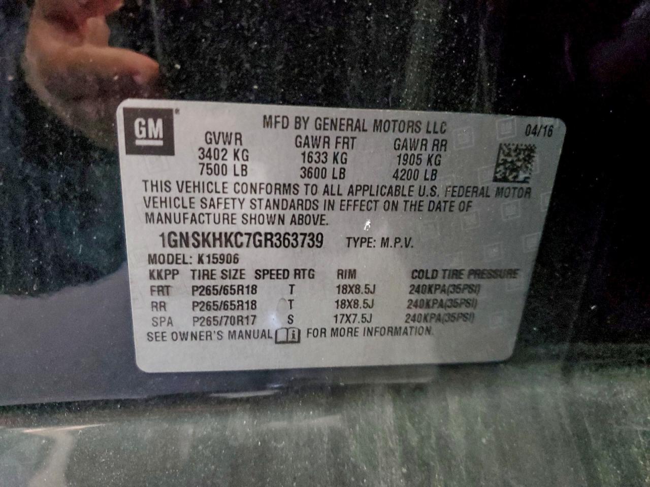 2016 Chevrolet Suburban K1500 Lt VIN: 1GNSKHKC7GR363739 Lot: 92891315