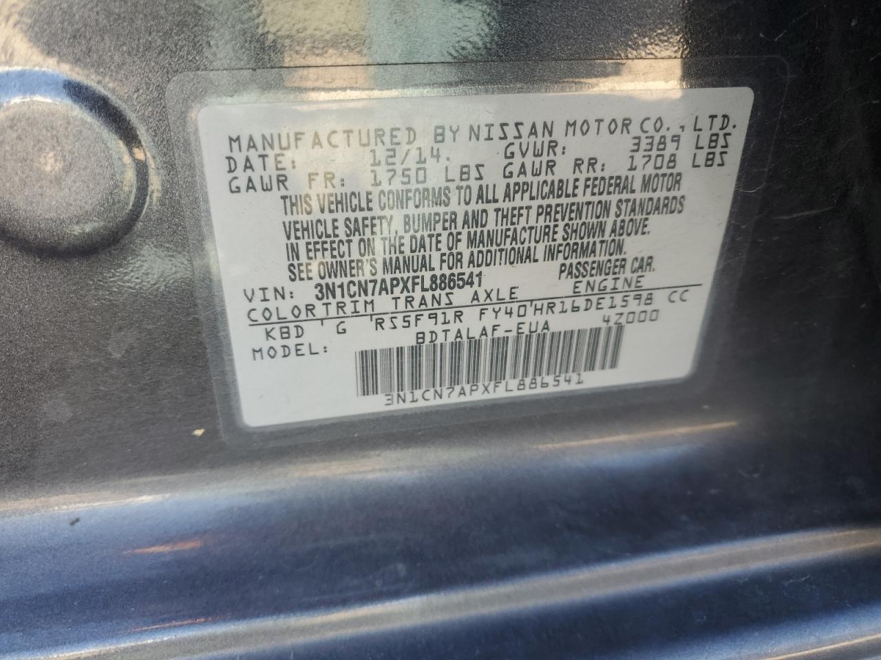 2022 Nissan Versa S VIN: 3N1CN7APXFL886541 Lot: 91910535