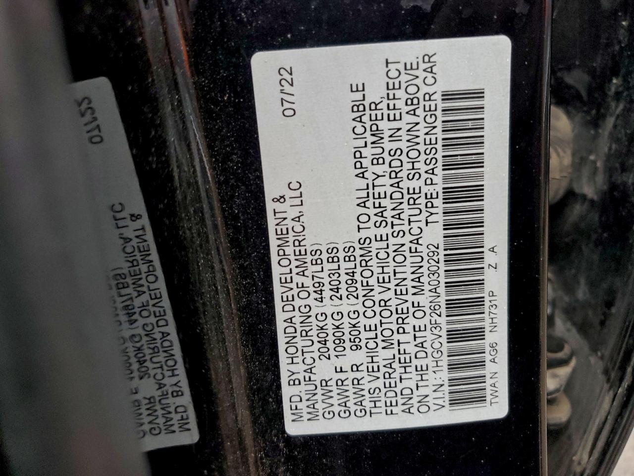 2022 Honda Accord Hybrid Sport VIN: 1HGCV3F26NA030292 Lot: 94251475