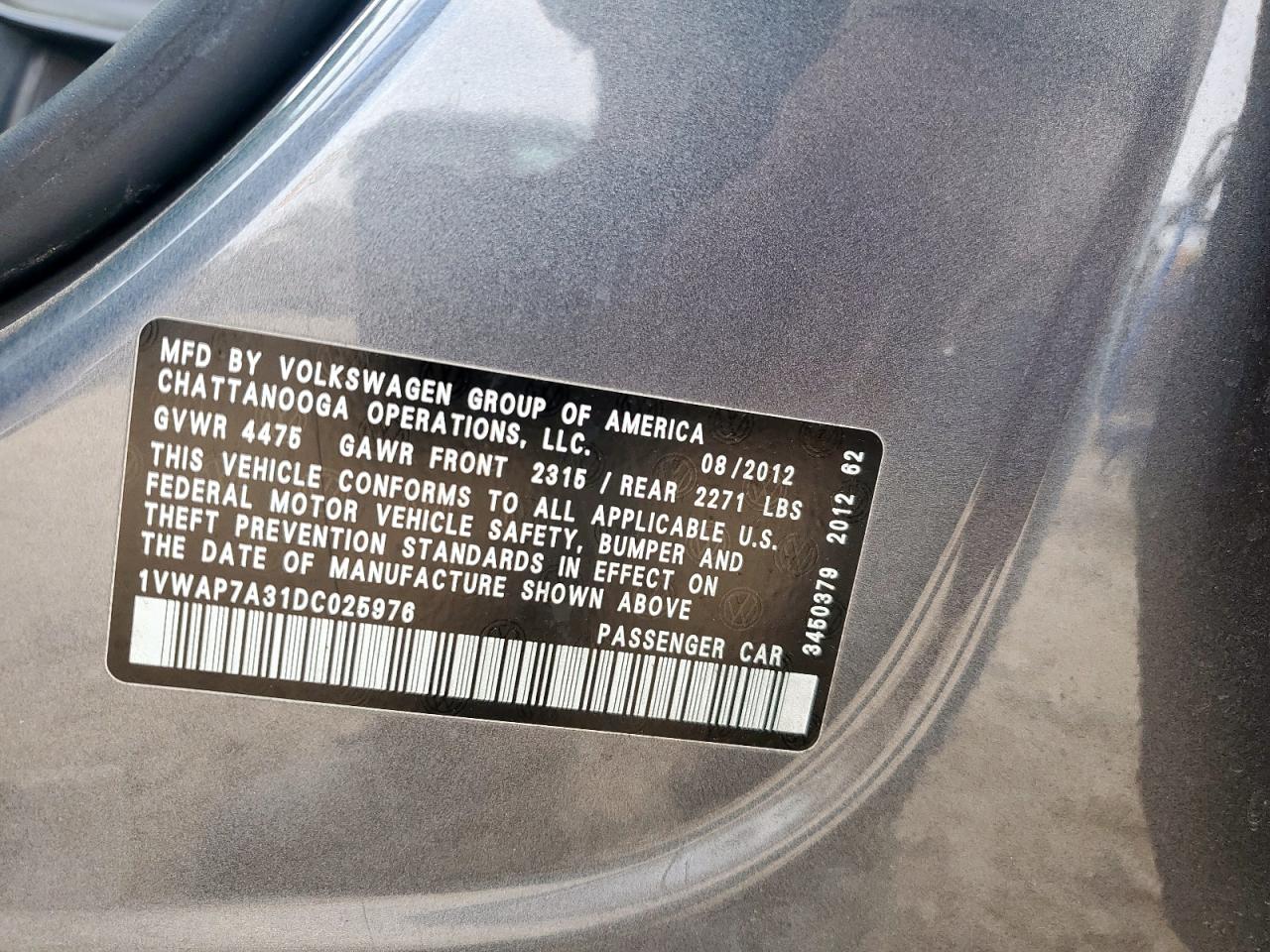 2013 Volkswagen Passat S VIN: 1VWAP7A31DC025976 Lot: 93346715