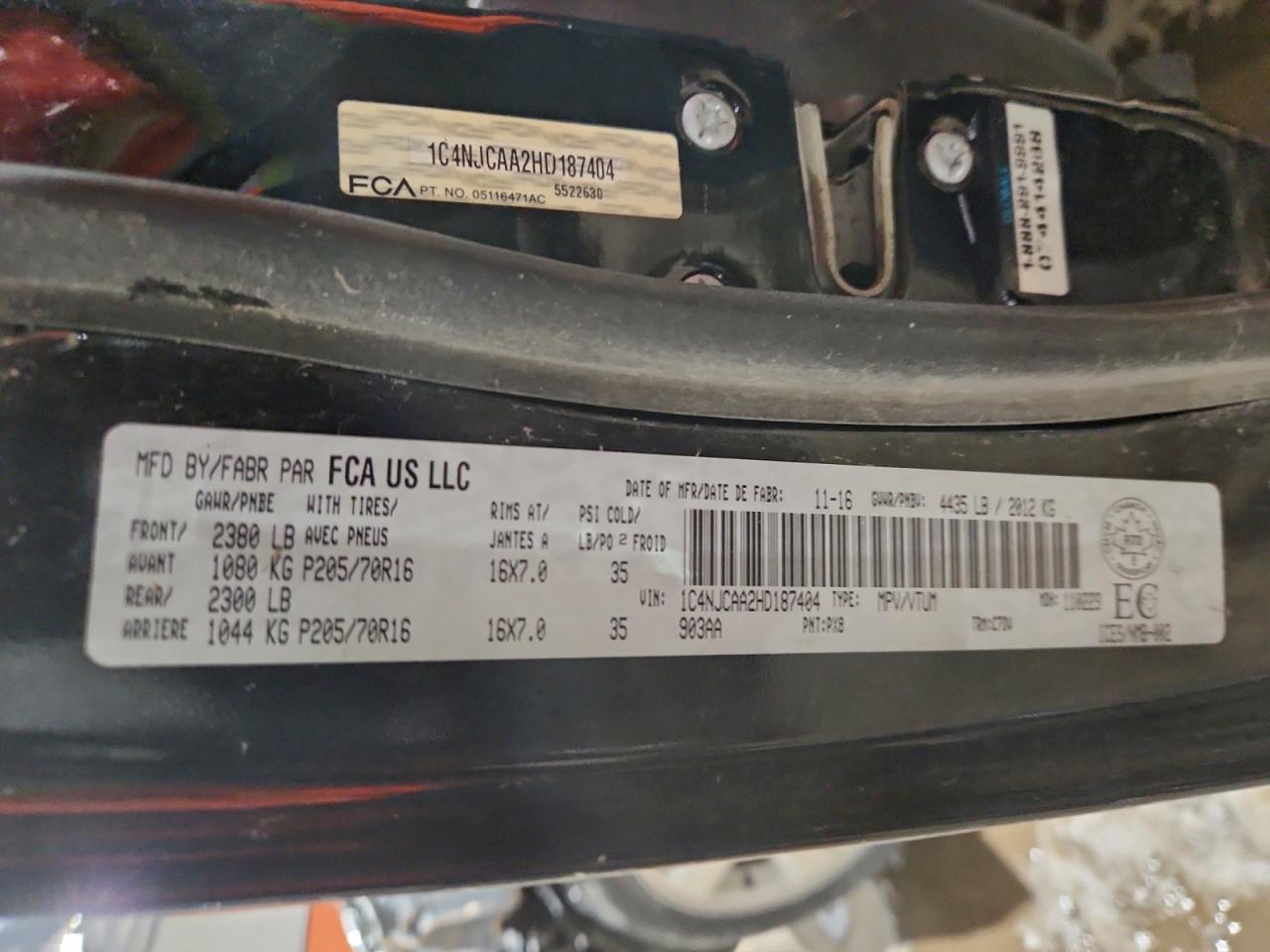 2017 Jeep Compass Sport VIN: 1C4NJCAA2HD187404 Lot: 95255045