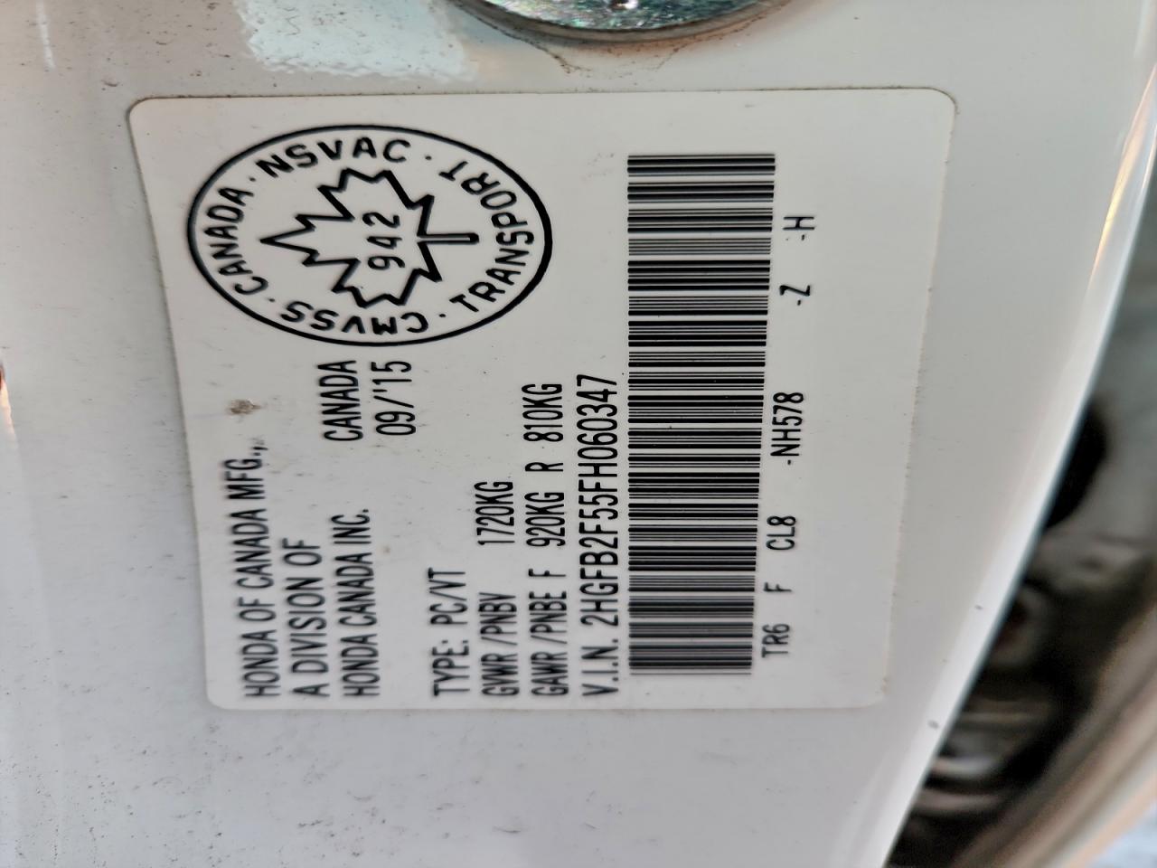 2015 Honda Civic Lx VIN: 2HGFB2F55FH060347 Lot: 94427485