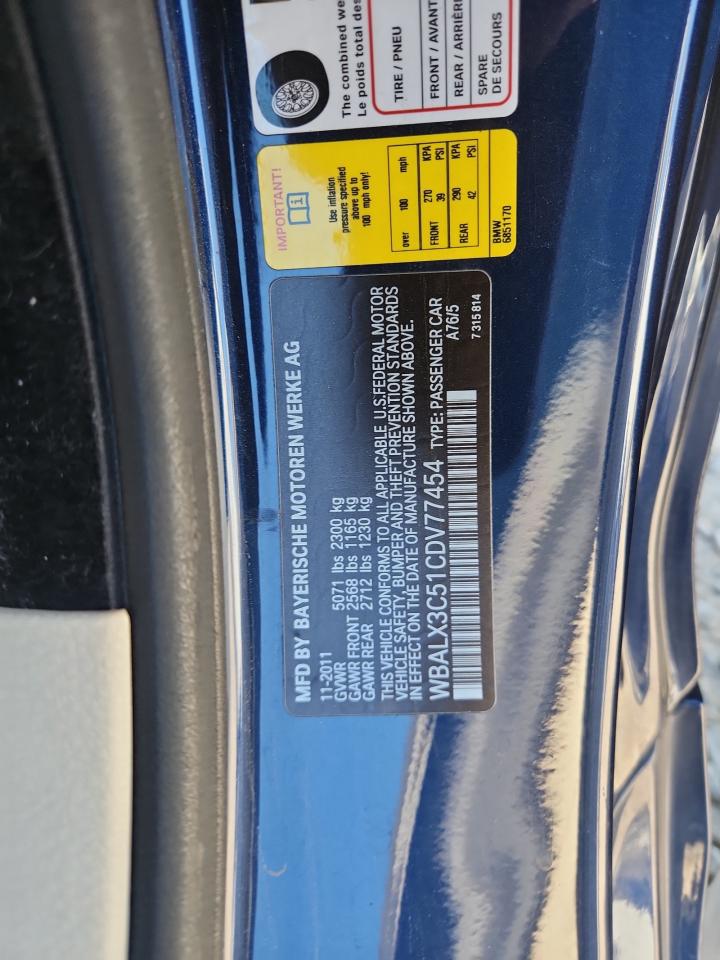 2012 BMW 650 I VIN: WBALX3C51CDV77454 Lot: 92862395