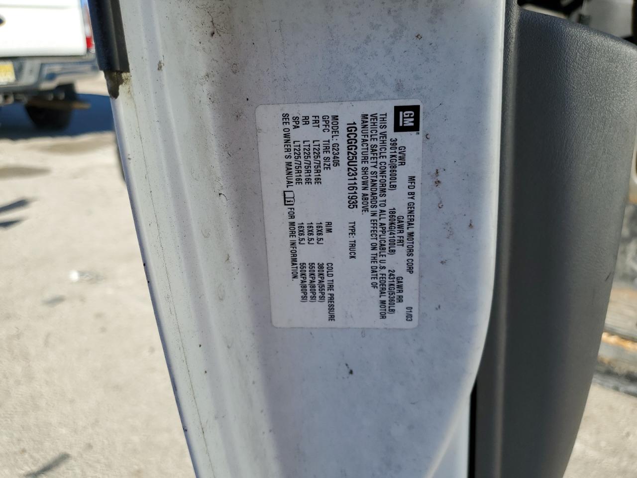 2003 Chevrolet Express G2500 VIN: 1GCGG25U231161935 Lot: 90520125