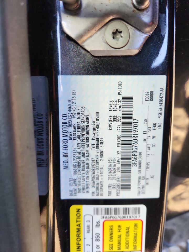 2013 Ford Fusion S VIN: 3FA6P0G76DR197017 Lot: 92435445