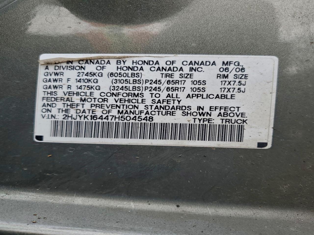 2007 Honda Ridgeline Rts VIN: 2HJYK16447H504548 Lot: 94156545