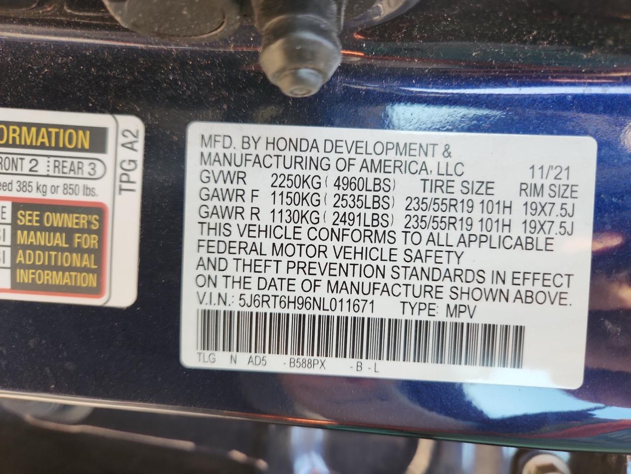 2022 Honda Cr-V Touring VIN: 5J6RT6H96NL011671 Lot: 92489855