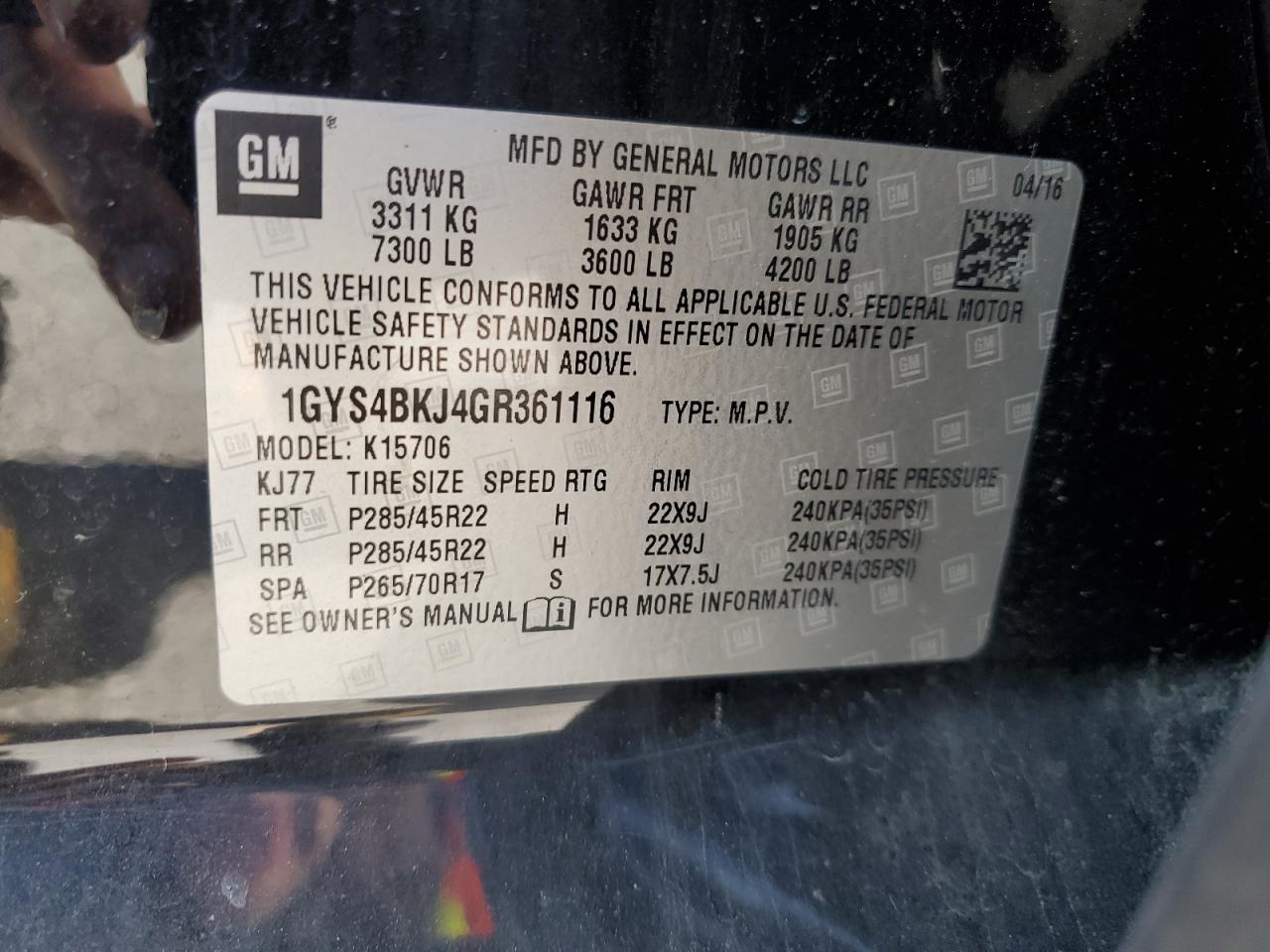 2016 Cadillac Escalade Luxury VIN: 1GYS4BKJ4GR361116 Lot: 92903695