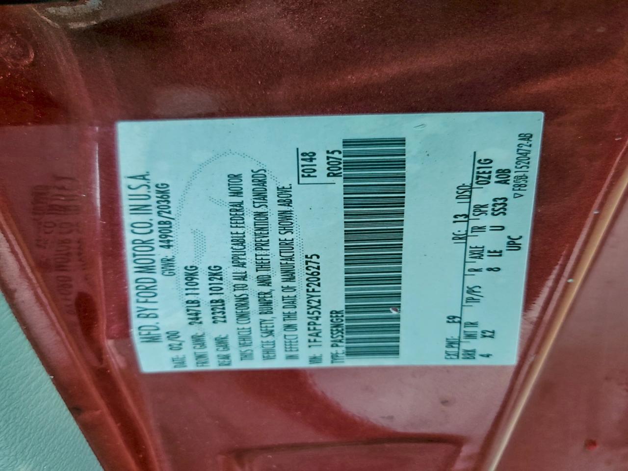 2000 Ford Mustang Gt VIN: 1FAFP45X2YF206275 Lot: 91851875