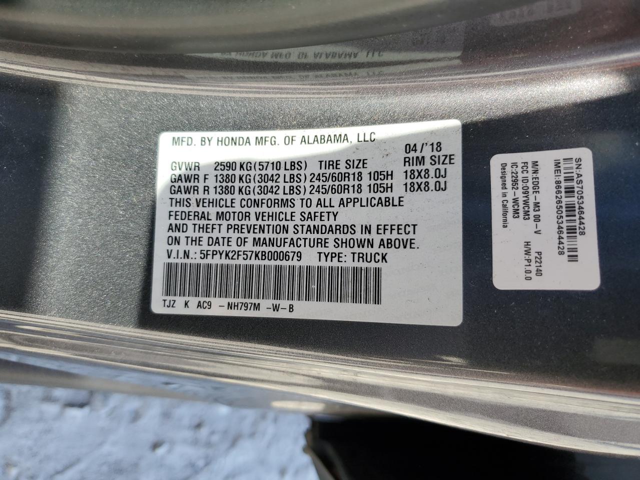 2019 Honda Ridgeline Rtl VIN: 5FPYK2F57KB000679 Lot: 92913165