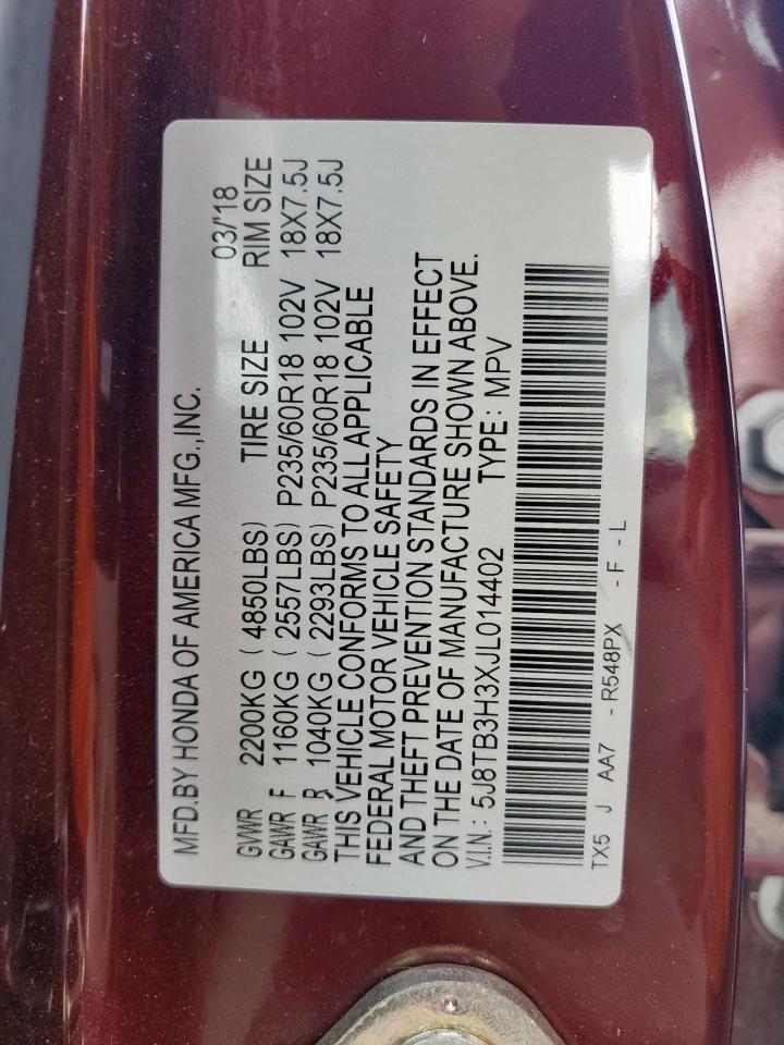 2018 Acura Rdx VIN: 5J8TB3H3XJL014402 Lot: 93504345