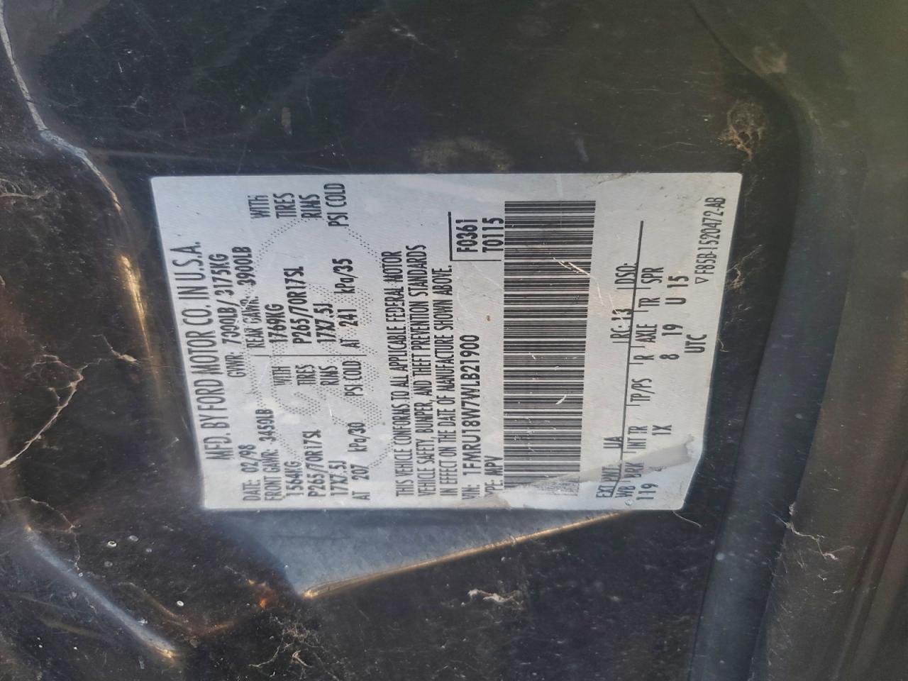 1998 Ford Expedition VIN: 1FMRU18W7WLB21900 Lot: 94532795