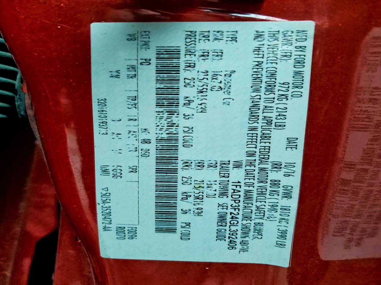 2016 Ford Focus Se VIN: 1FADP3F24GL392406 Lot: 94223025