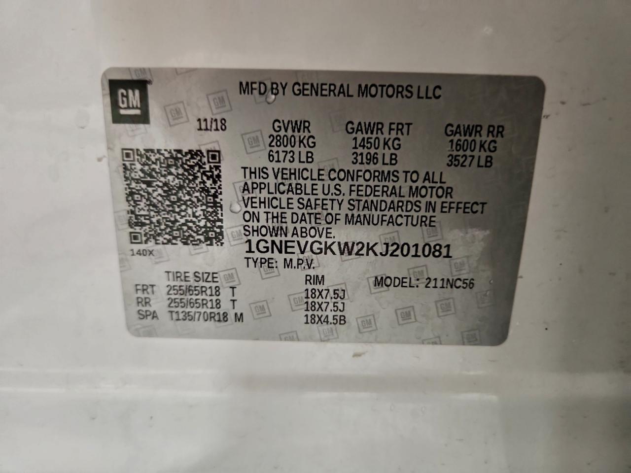 2019 Chevrolet Traverse Lt VIN: 1GNEVGKW2KJ201081 Lot: 93398555