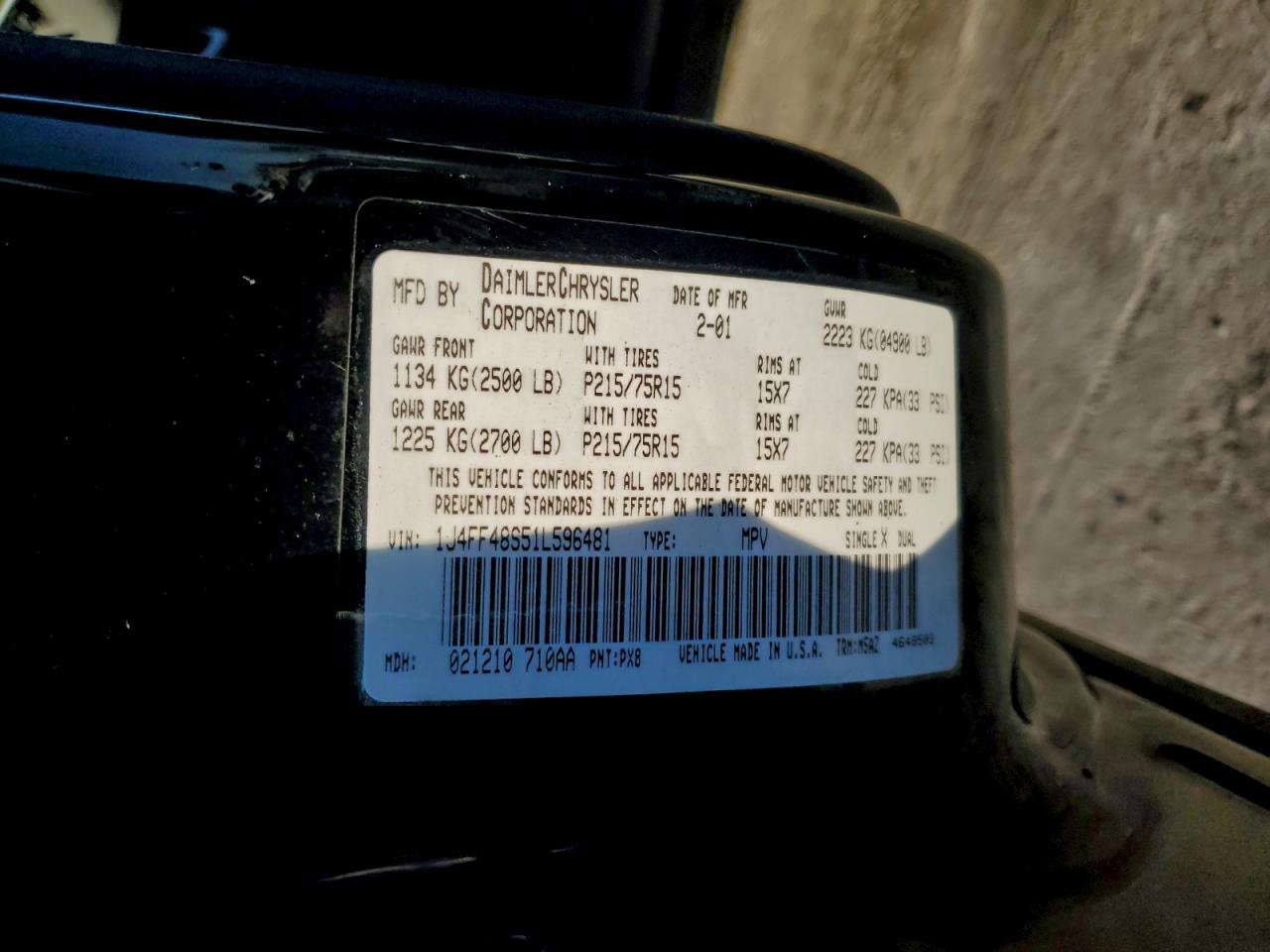 2001 Jeep Cherokee Sport VIN: 1J4FF48S51L596481 Lot: 94193505