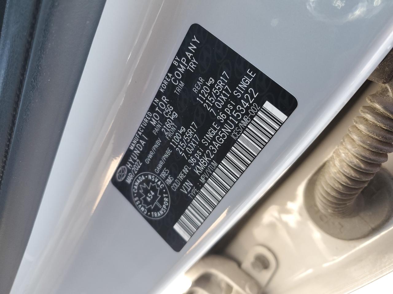 2022 Hyundai Kona Sel VIN: KM8K23AG5NU153422 Lot: 92879985