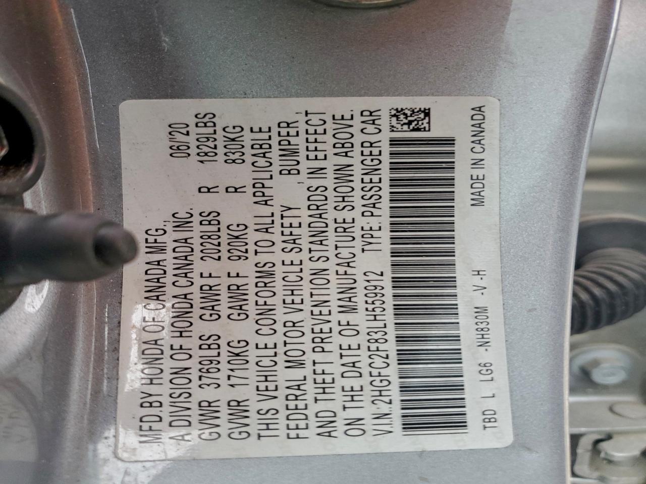 2020 Honda Civic Sport VIN: 2HGFC2F83LH559912 Lot: 93481645