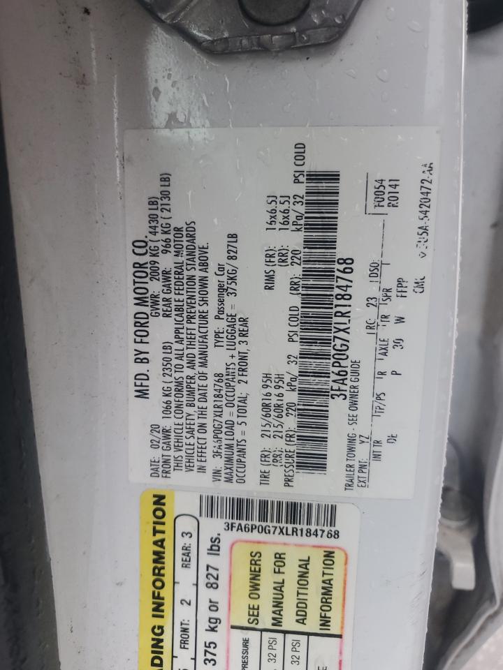 2020 Ford Fusion S VIN: 3FA6P0G7XLR184768 Lot: 93541365