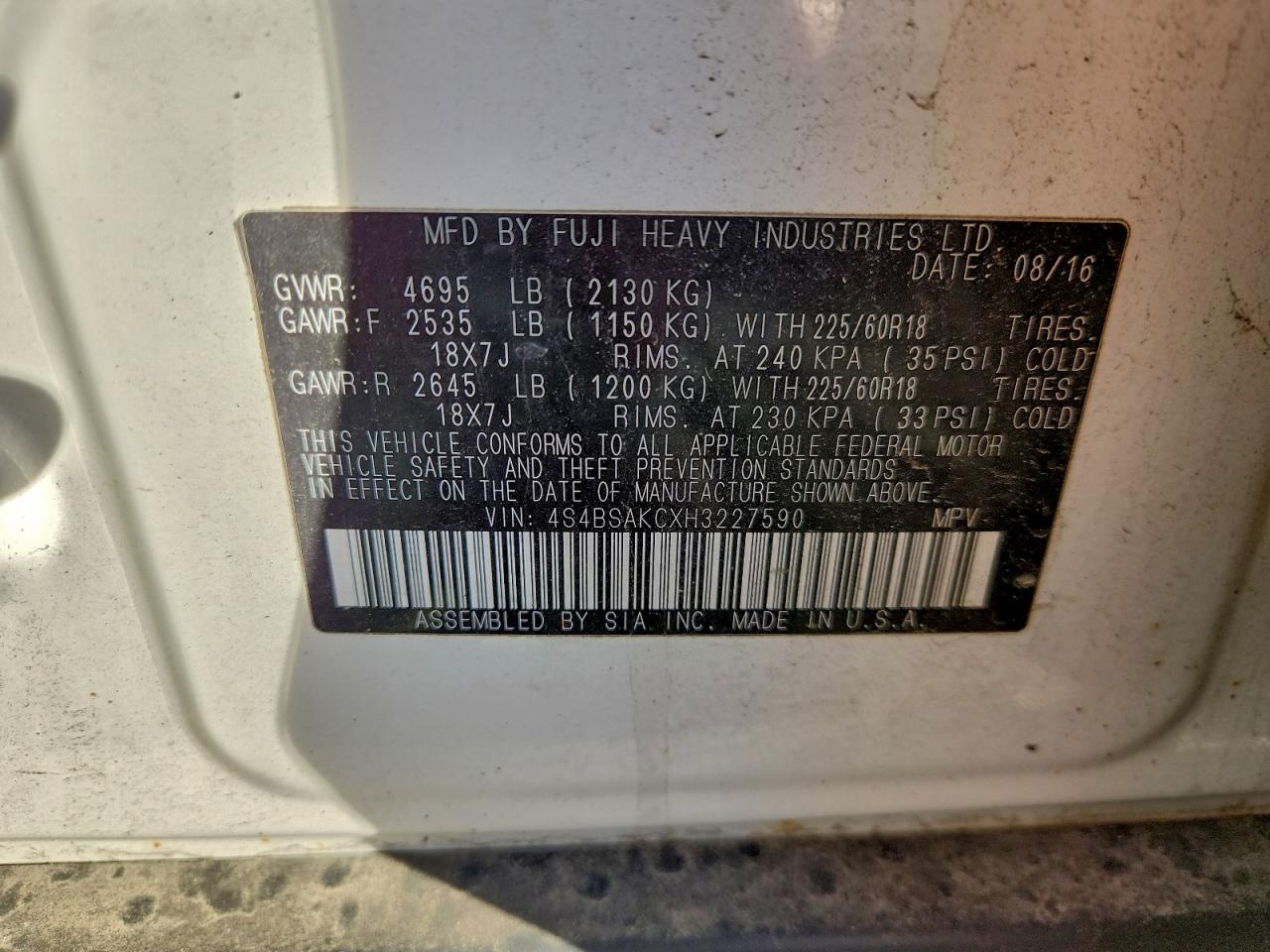 2017 Subaru Outback 2.5I Limited VIN: 4S4BSAKCXH3227590 Lot: 93290615