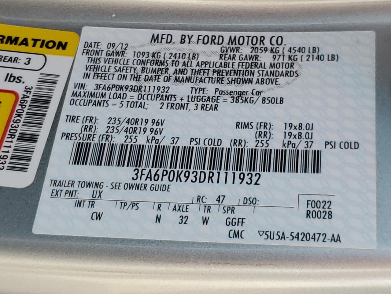 2013 Ford Fusion Titanium VIN: 3FA6P0K93DR111932 Lot: 85435075