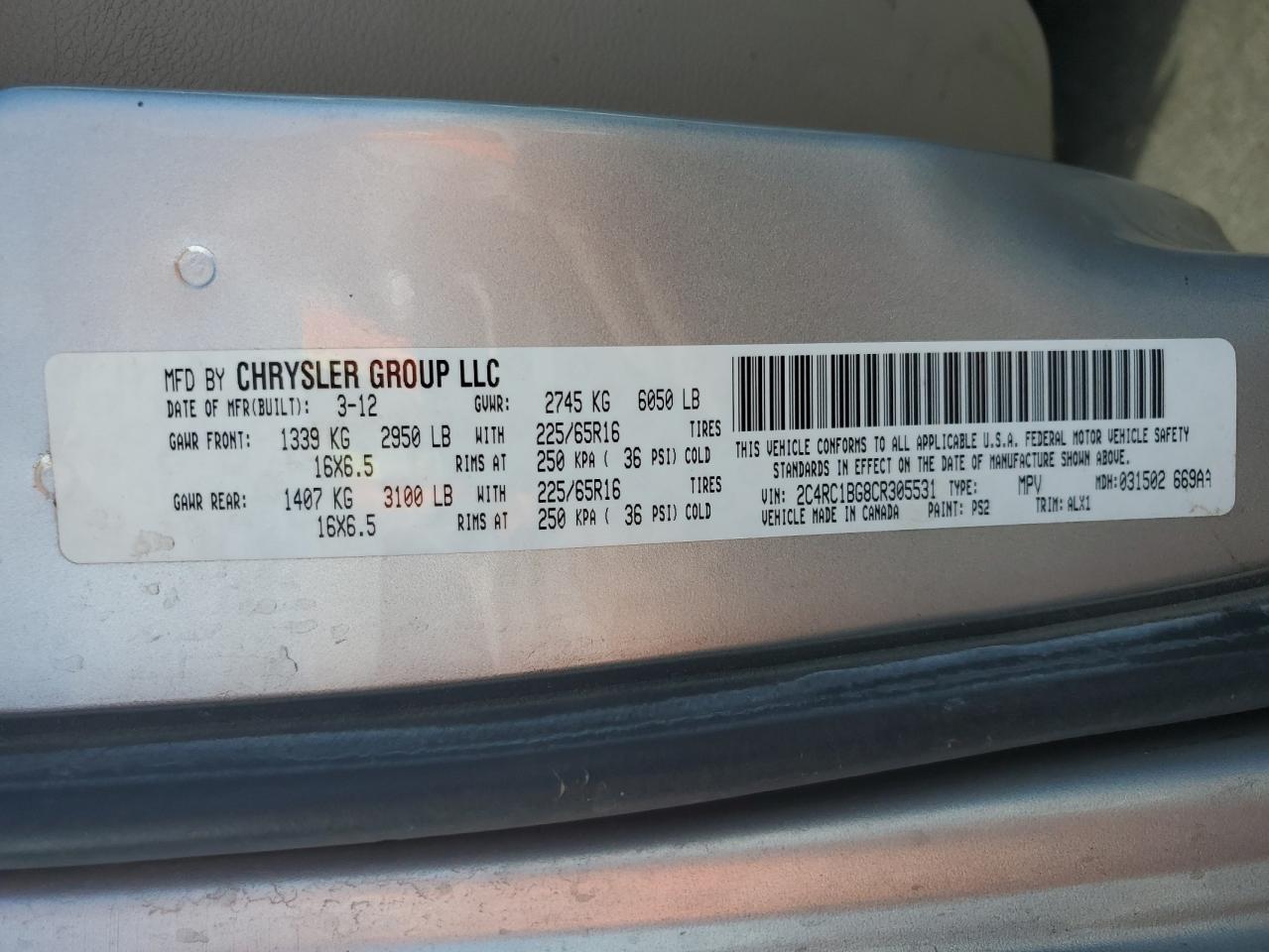 2012 Chrysler Town & Country Touring VIN: 2C4RC1BG8CR305531 Lot: 91685345